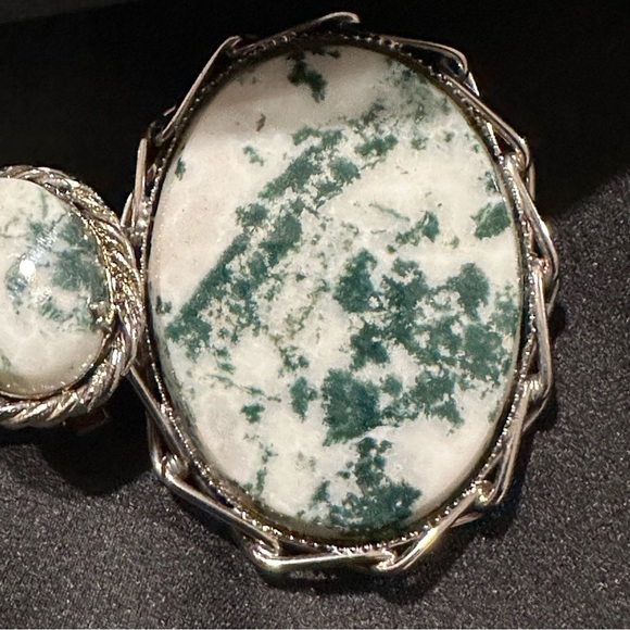 Vintage Silver Tone Dentritic Green And White Moss Agate Brooch Pendant Earrings - Picture 2 of 4